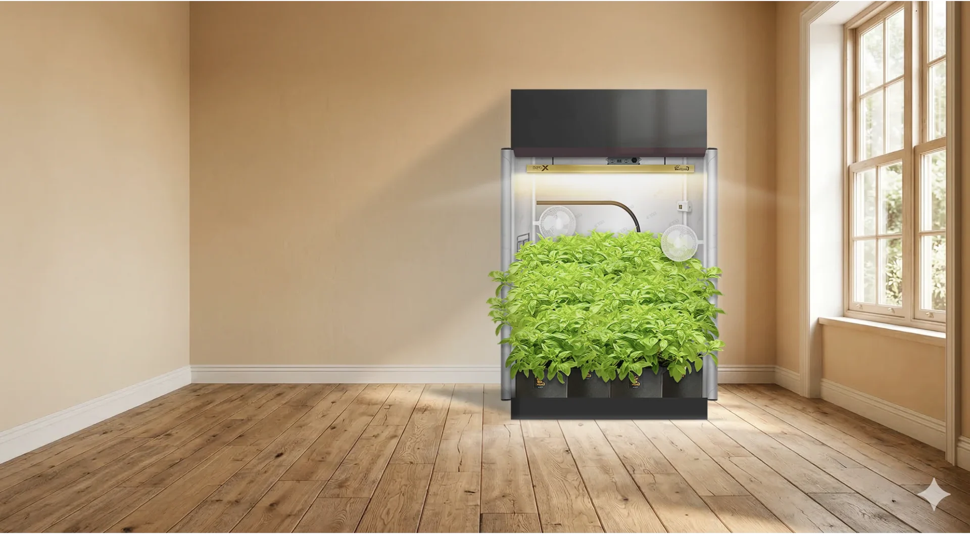 Beginner grow room setup with tent light and extractor fan