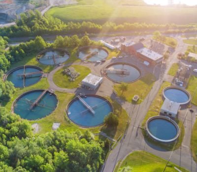 Aerial top view of drinking water treatment plants for big city from water management